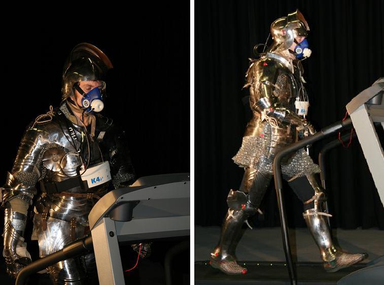 Federico Formenti trying a Medieval armour (left panel). A participant during the experiments (right panel).